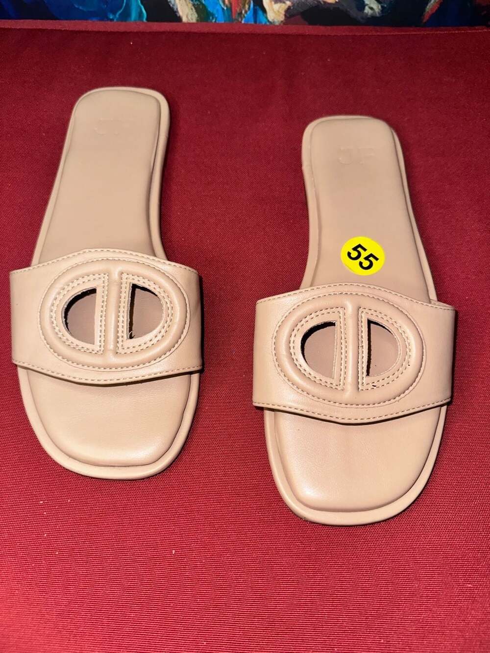 No.55 JustFab Beige Leather Cutout Flat Slide Sandals